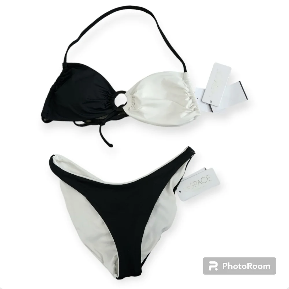 L*Space Freddie Mercury Colorblock Ring Bikini Set Black Cream S NWT